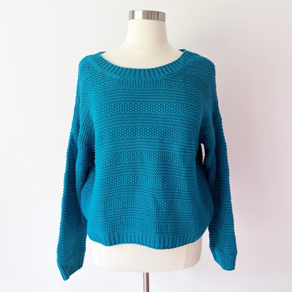 Ann Taylor Loft Sweater Teal‎ Blue Chunky Garter Stitch Knit Cotton XL NWT